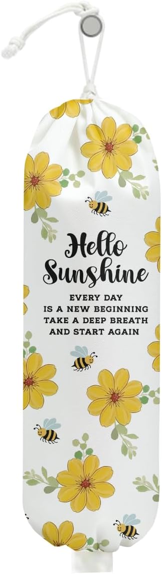 Rustic Floral Cute Bee Plastic Bag Holder for Kitchen Essentials, Wall Mount Grocery Bag Holder for Plastic Bags, Hello Sunshine Reusable Grocery Bags Storage Dispenser for Home Kitchen Farmhouse