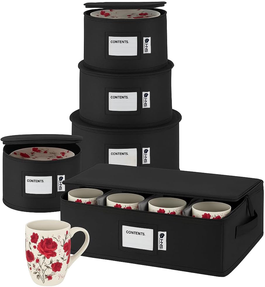 Hard Shell China Storage Containers 5-Piece Set Moving Boxes for Dinnerware, Glasses, Plates, Mugs and Saucers Sturdy Dish Organizer with Dividers for Seasonal Storage - Service for 12 - Black Quilted