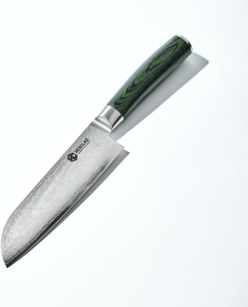 HexClad Santoku Knife, 7-Inch Japanese Damascus Stainless Steel Blade, Pakkawood Handle