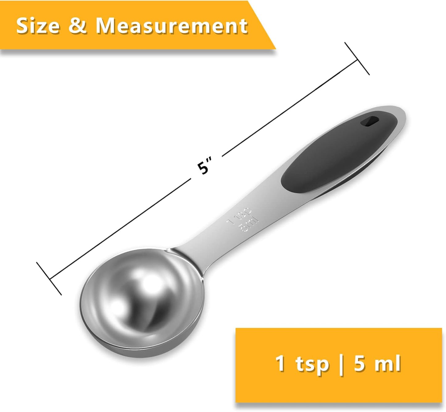 1PCS 1 Tsp(1/3tbsp, 1/6oz, 5ml) Single Measuring Spoon with Black Silicone Grip, Stainless Steel Individual Measure Scoop Only