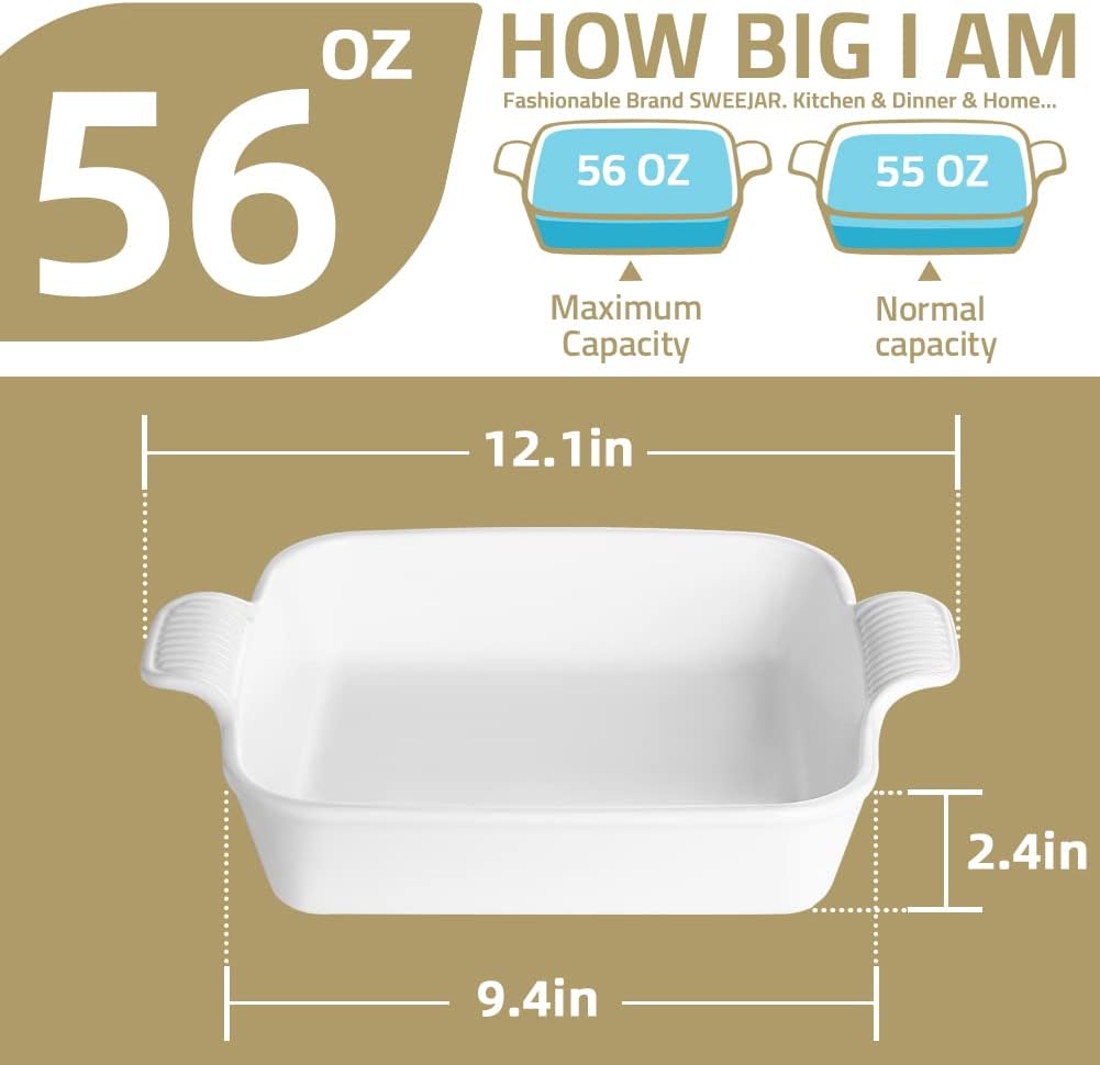 Sweejar Ceramic Baking Dish, 9 x 9 Cake Baking Pan for Brownie, Porcelain Square Bakeware with Double Handle for Casserole, Lasagna, Family Dinner (Jade)