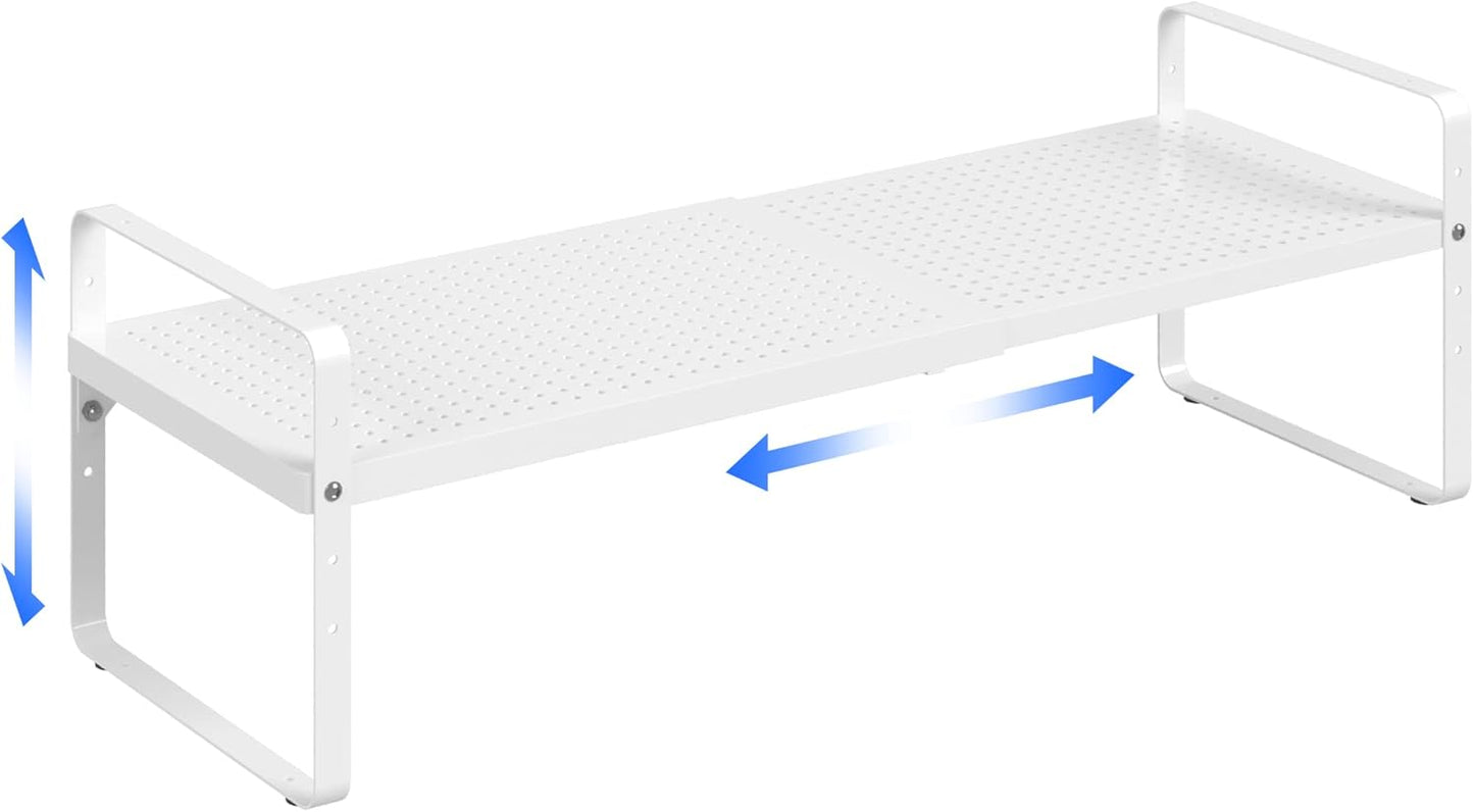 Expandable Cabinet Shelf Organizer Adjustable Metal Spice Rack Stackable Freestanding Counter Storage Shelves for Kitchen Cabinet Under Sink Office Desk (White - 1Pack - L16.5-27'' * W10.2'' * H9.6'')