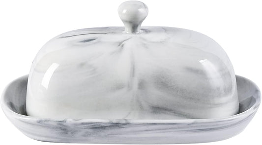 Yundu Grey Marble Butter Dish with Lid, Ceramics Butter Keeper Container, Perfect for East/West Butter