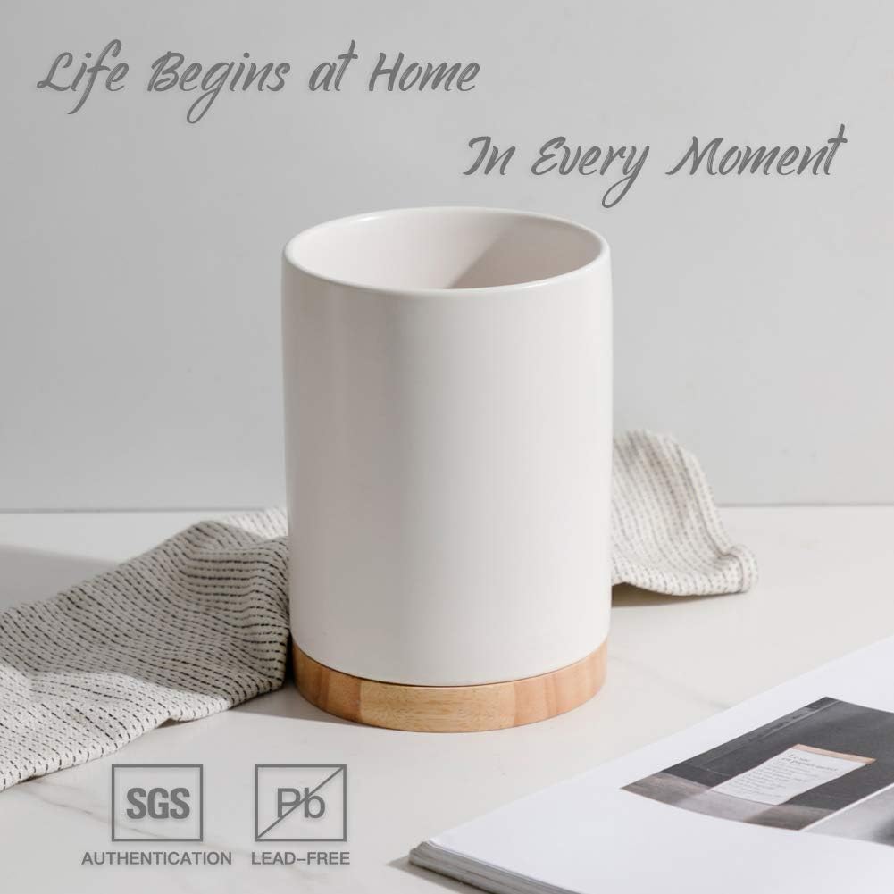 Sweejar Kitchen Utensil Holder with Wooden Bottom, 6.7" Ceramic Utensil Crock to Hold Spatulas for Cooking Countertop, Housewarming, Wedding, Birthday Gift (White)