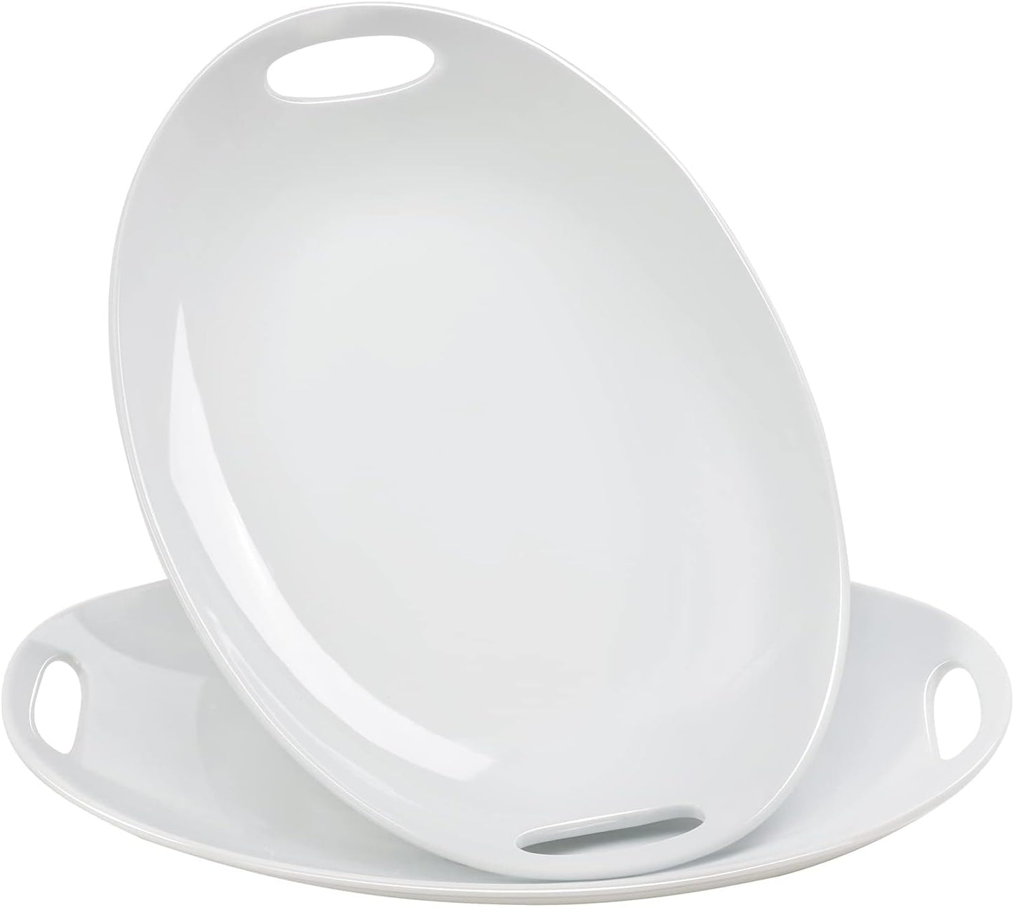 Porcelain Serving Platter with Handles, 14" serving dishes for entertaining, Oval Serving tray for Salad, Stew, Fruits and Pasta, Set of 2, White