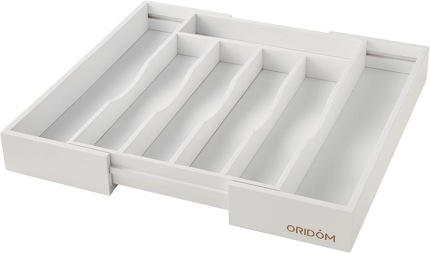 Expandable Bamboo Kitchen Drawer Organizer for Cutlery and Utensils, Adjustable Bamboo Wood Cutlery Tray in Drawer for Flatware and Silverware in Kitchen, (White)