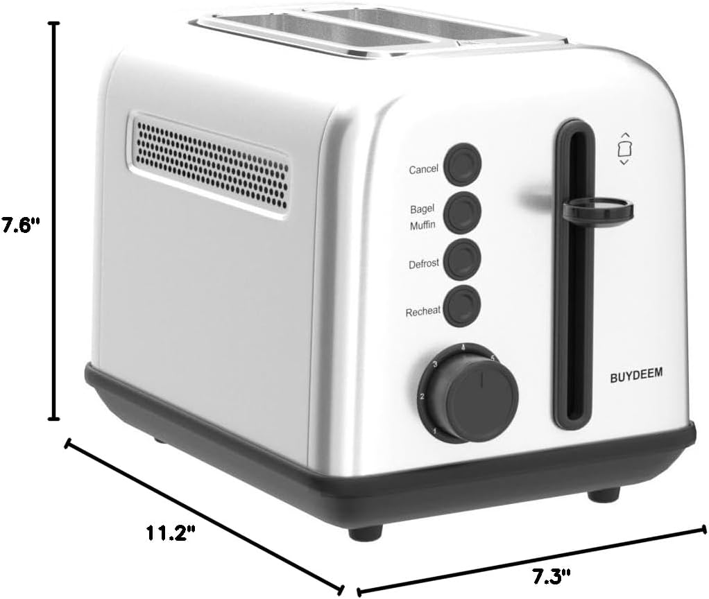 BUYDEEM DT620 2-Slice Toaster, Extra Wide Slots, Retro Stainless Steel with High Lift Lever, Bagel and Muffin Function, Removal Crumb Tray, 7-Shade Settings,Stainless Steel