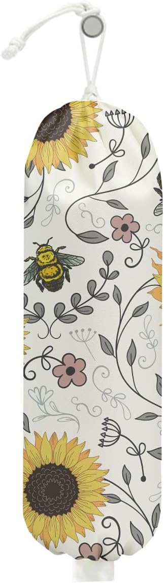 Cute Bee Plastic Bag Holder, Wall Mount Grocery Bag Holder for Plastic Bags, Vintage Rustic Sunflower Large Reusable Grocery Bags Storage Dispenser for Home Kitchen Pantry, Sunflower Gifts for Women