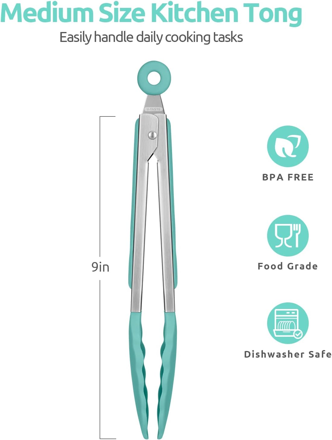 600ºF Heat Resistant Kitchen Tongs: U-Taste 9 inch Silicone Cooking Tong with Firm Sealed Non Stick Rubber Tips & Silicon Coated 18/8 Stainless Steel Handle & Smooth Locking for Serving Salad-Aqua Sky