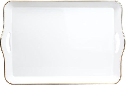 Spsyrine White Decorative Serving Tray with Handles, Elegant Plastic Coffee Table Tray for Ottoman, Living Room, Home Decor