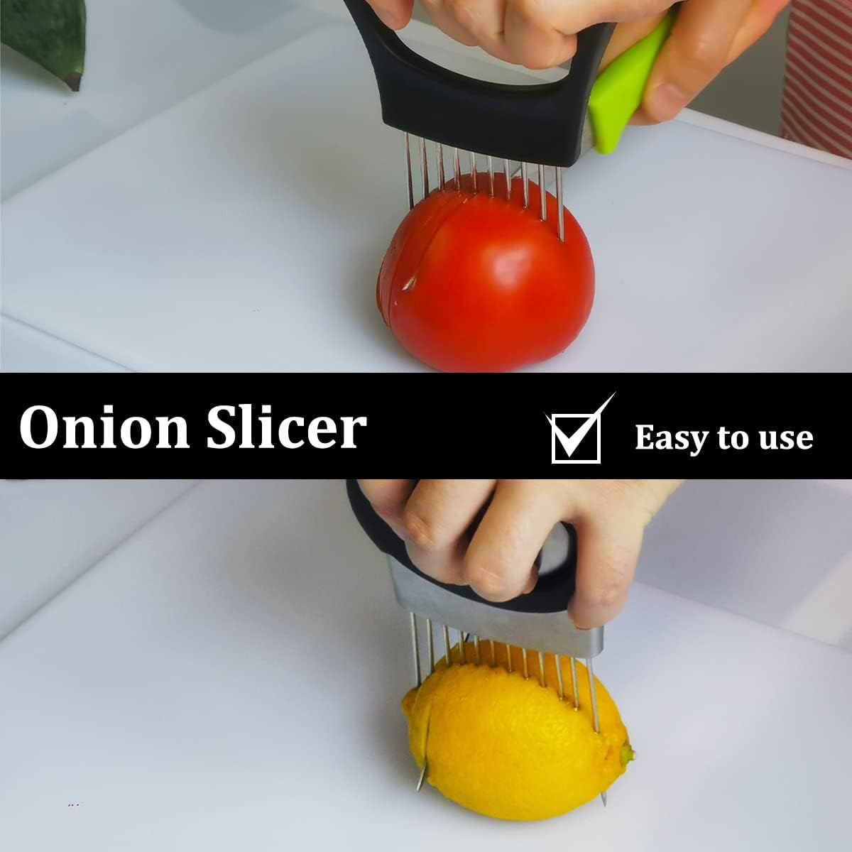2 Pcs Onion Slicer holder, Premium Vegetable Slicing Tool for Potato and Tomato, Food Cutter Assistant Tool for Slicing Fruit Lemon and Meat, Stainless Steel Kitchen Tool (Black)