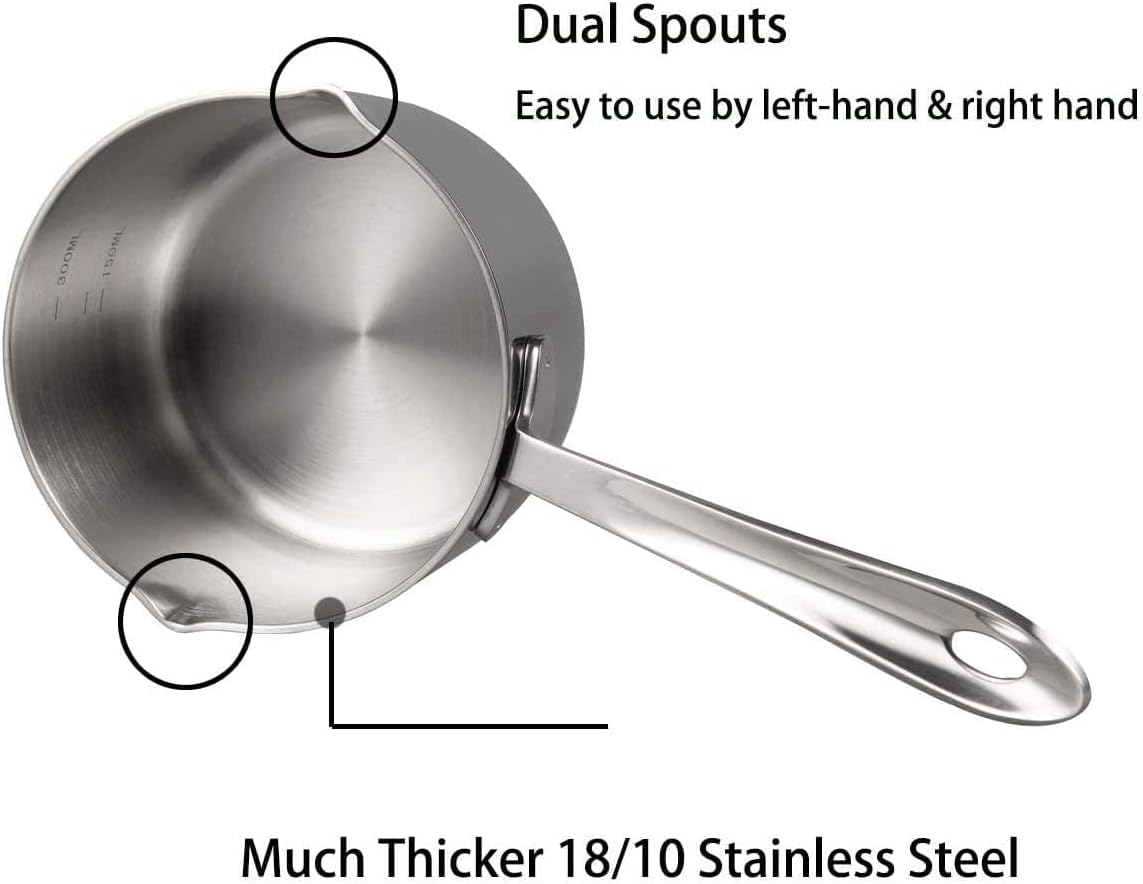 IMEEA 10oz/300ml Butter Coffee Milk Warmer Mini Butter Melting Pot with Dual Pour Spout 18/10 Tri-Ply Stainless Steel