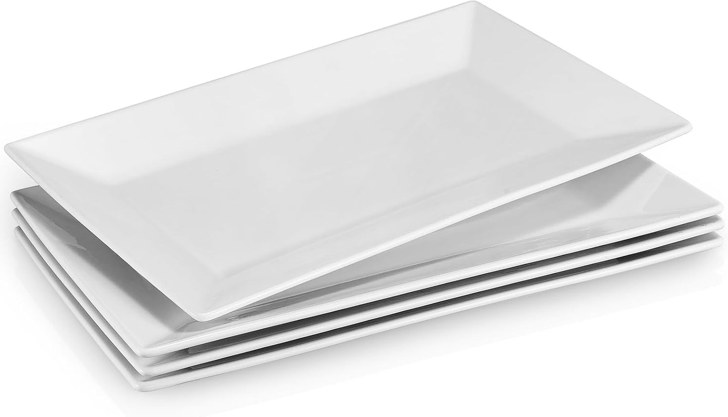DOWAN 14" Serving Trays, Serving Platters, Ceramic Serving Platters and Trays, Rectangle Plates, Set of 4, for Weddings, Parties, Oven, Microwave, Dishwasher, Heat Resistant, Easy to Clean, Soft White
