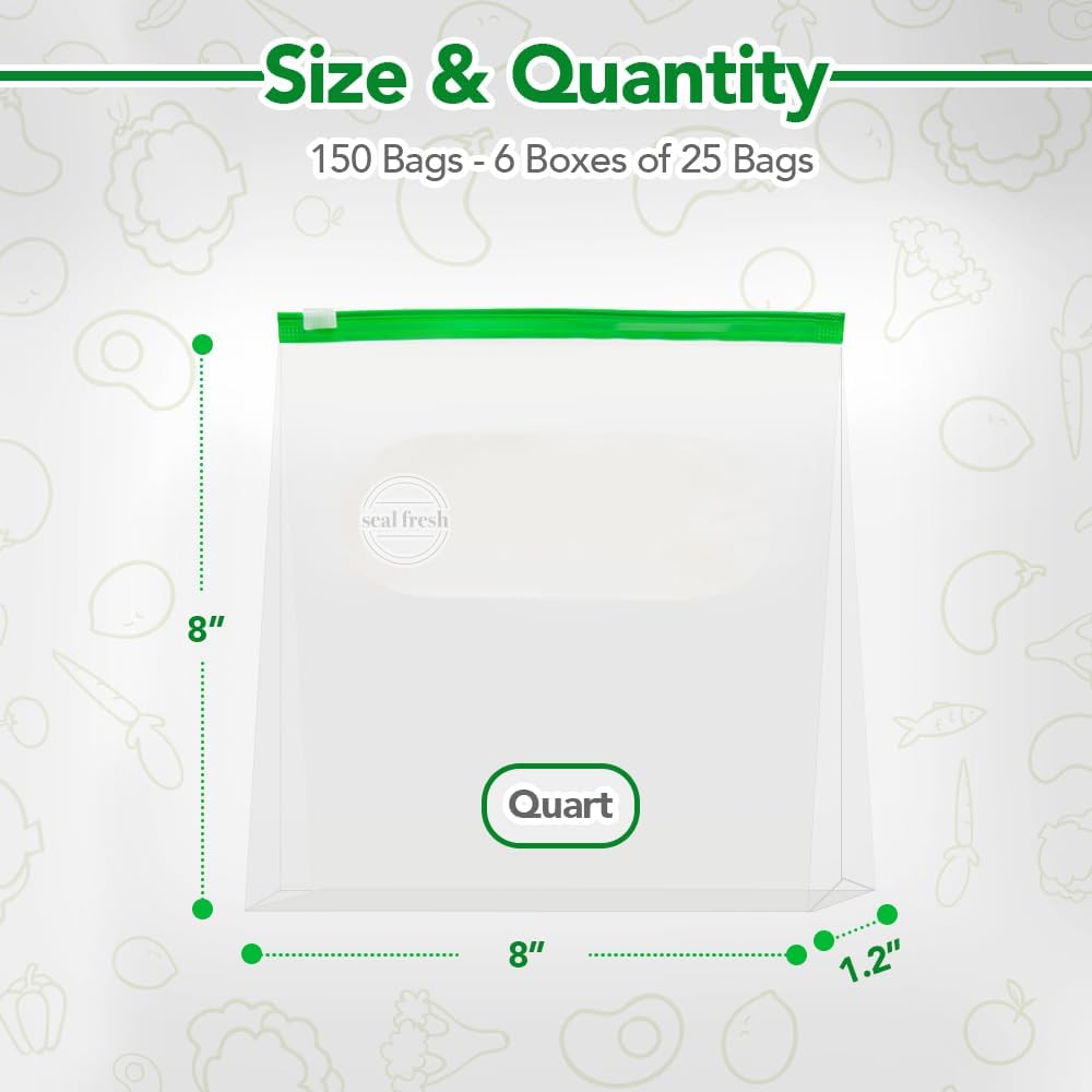 Quart Slider Storage Bags 150 Pack — Reusable Freezer Bags with Expandable Bottom, BPA Free, Microwave Safe, Clear Quart Food Storage Bags