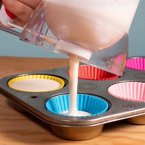 Kid Friendly Mess Free Pancake Cupcake Batter Dispenser Squeeze Handle for Precise Portion Control, Great for Waffles, Crepes | 4 Cup Capacity (Red)