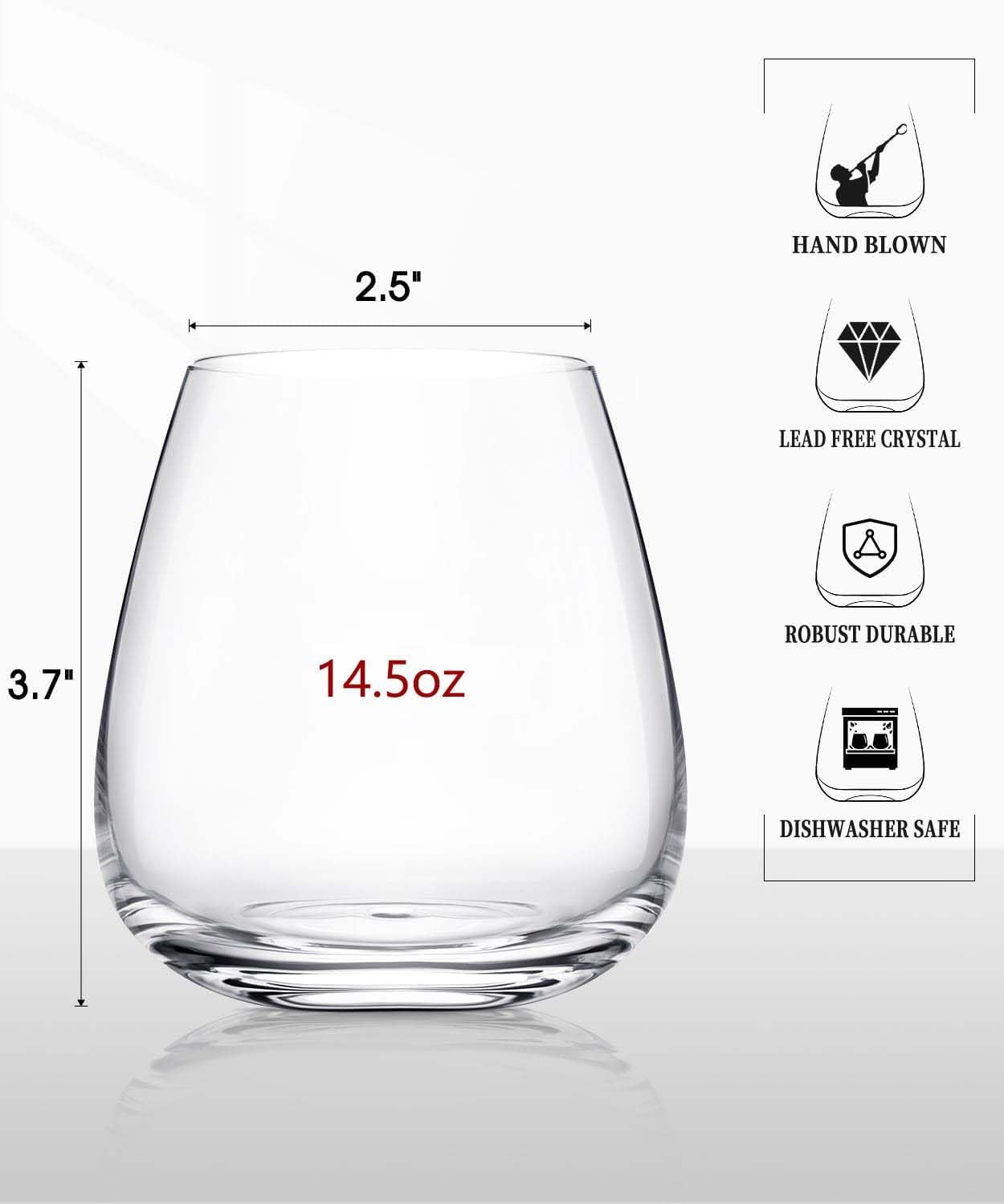 LUNA & MANTHA Stemless Wine Glasses Set of 6, 14.5oz Red White Wine Glass,Premium Hand Blown Crystal Glasses for Daily Use and Special Days, Perfect Gifts for Men and Women