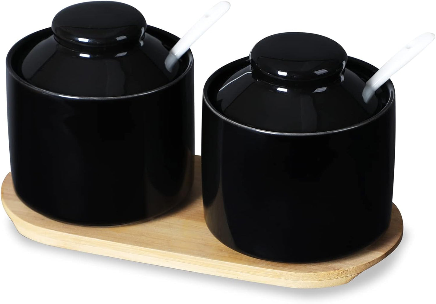 ONTUBE Ceramic Sugar Bowl with Lid and Spoon Set of 2,Porcelain Seasoning Box Salt Bowl with Tray,8oz (Black)