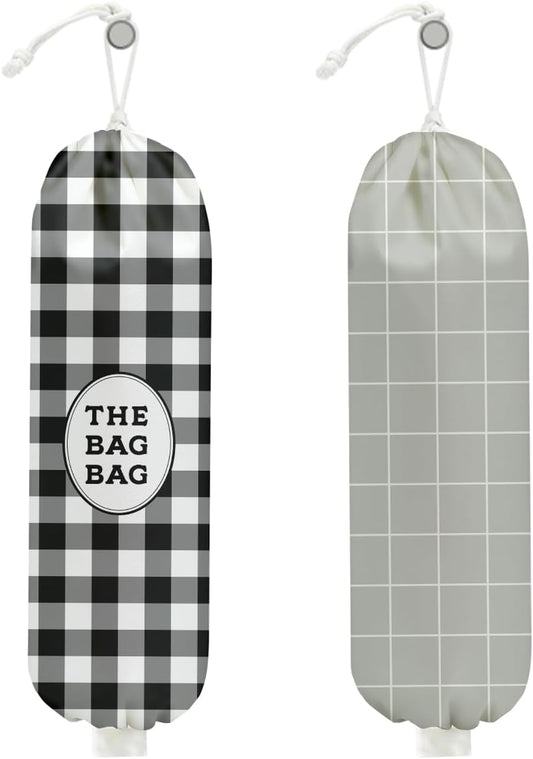 2Pcs Black White Buffalo Check Plaid Plastic Bag Holder, Wall Mount Grocery Bag Holder for Plastic Bags, Minimalist Grid Reusable Grocery Bags Storage Dispenser for Home Kitchen Farmhouse