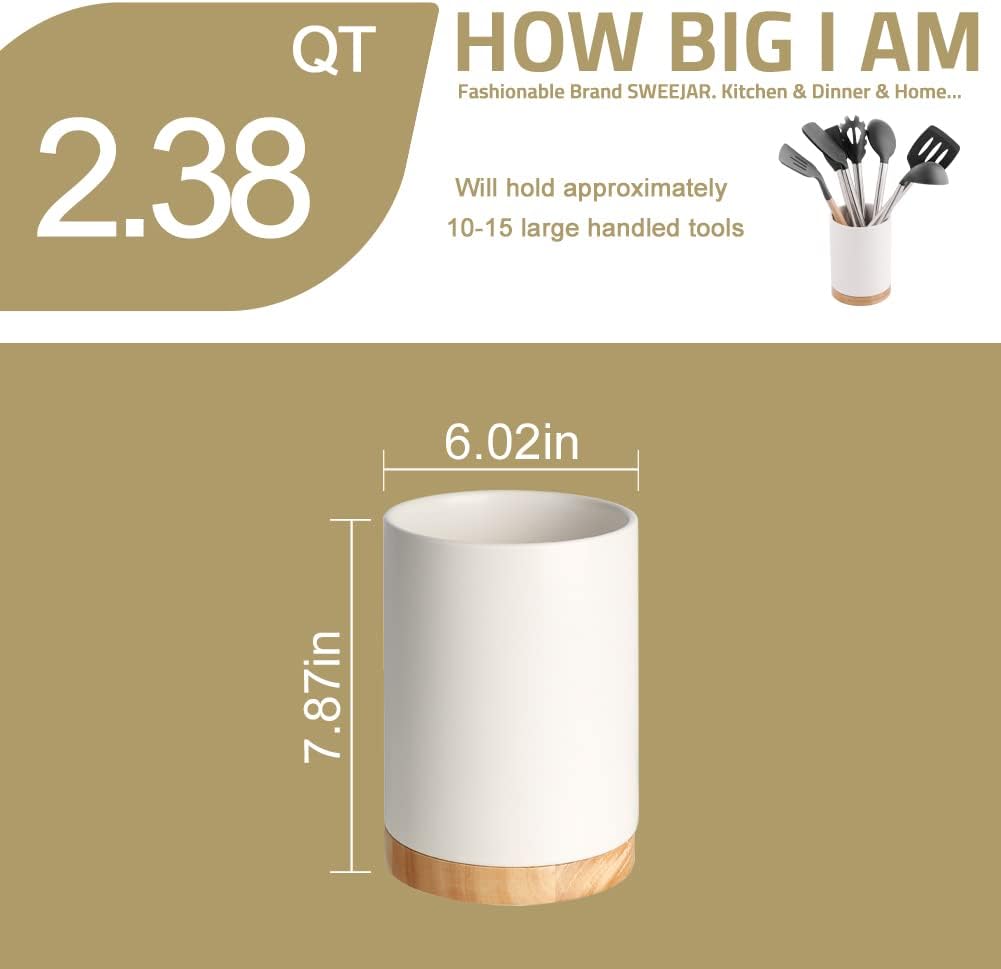 Sweejar Kitchen Utensil Holder with Wooden Bottom, 8.2" Ceramic Utensil Crock to Hold Spatulas for Cooking Countertop, Housewarming, Wedding, Birthday Gift (Red)