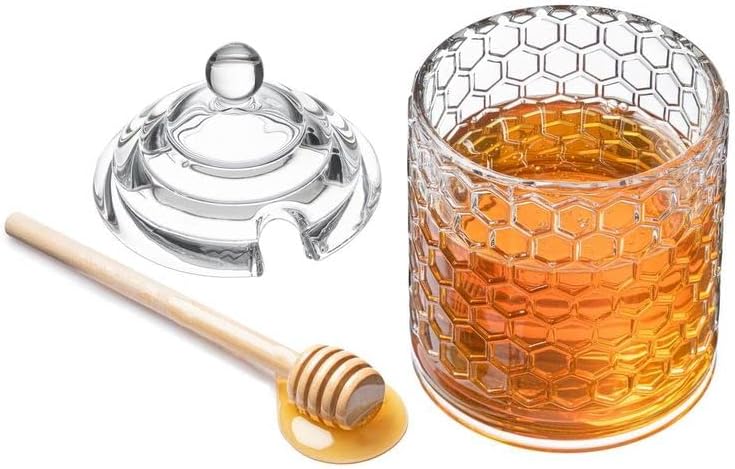 Royalty Art Glass Honey Pot with Beehive Lid and Wooden Dipper, 3 Pc. Set, Decorative Kitchen Accessory and Dispenser, Honeycomb Glassware, Reusable and Washable