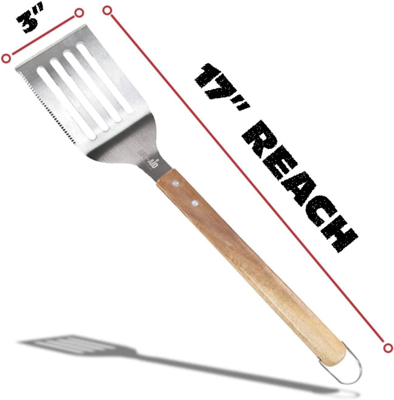 BBQ-AID Pro BBQ Metal Spatula - 17" Barbecue Spatula Stainless Steel with Serrated Knife Edge - Acacia Wood Handle - Heavy Duty Built to Last