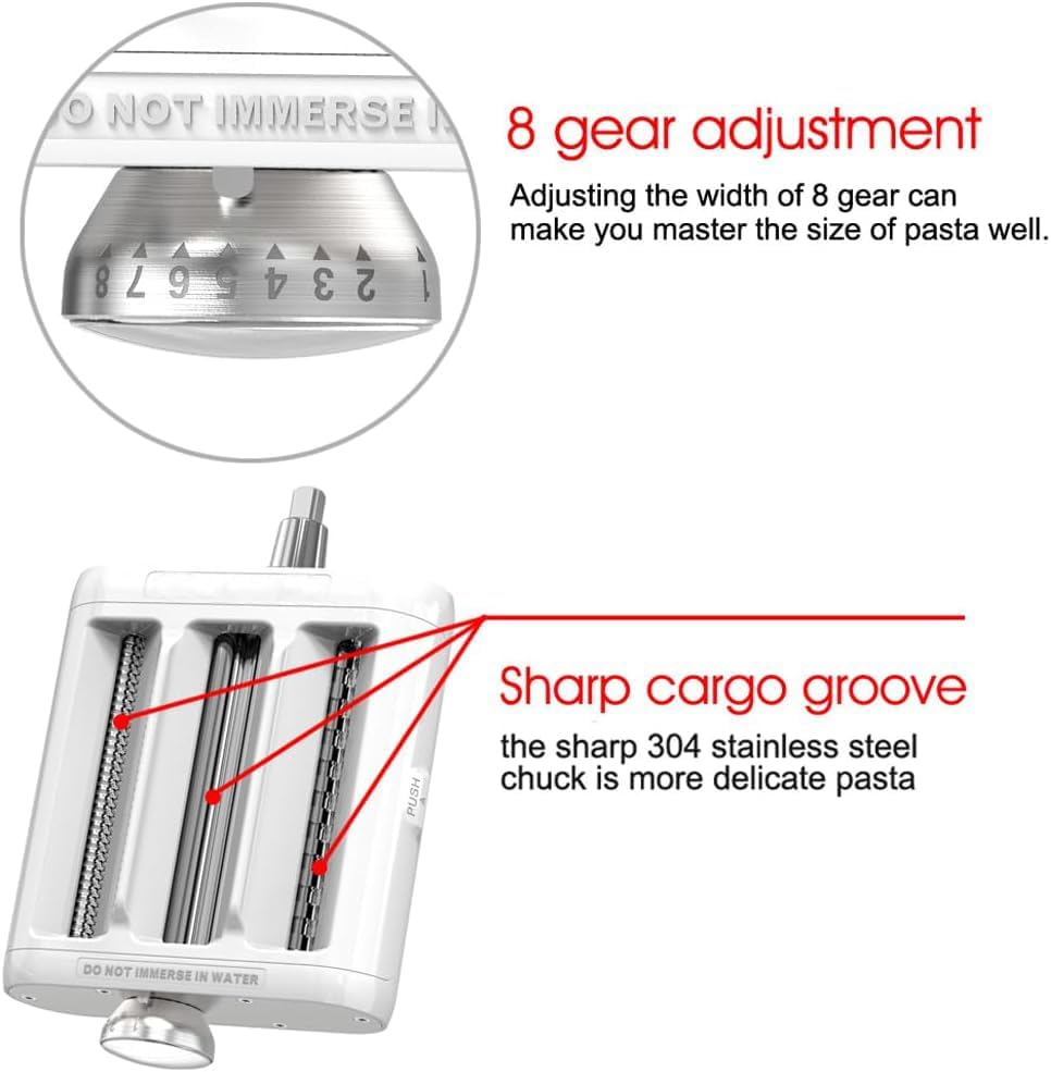 Pasta Maker Accessories Mixers 3 in 1 Set for KitchenAid Stand Mixer Attachments Include Pasta Roller, Spaghetti,Fettuccine Cutter, 8 Adjustable Thickness Settings，Pasta Maker Attachment
