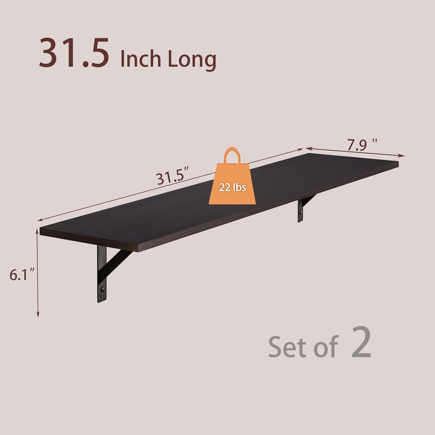 DINZI LVJ Long Wall Shelves, 31.5 Inch Wall Mounted Shelves Set of 2, Easy-to-Install, Wall Storage Ledges with Sturdy Metal Brackets for Living Room, Bathroom, Bedroom, Kitchen, Espresso