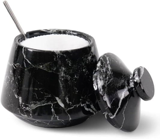 Marble Salt Cellar With Lid & Spoon Black Zebra 4 Inch Stone Salt Container - Seasoning Spice Jar Holder & Jewelry Storage - Salt Box For Kitchen Counter