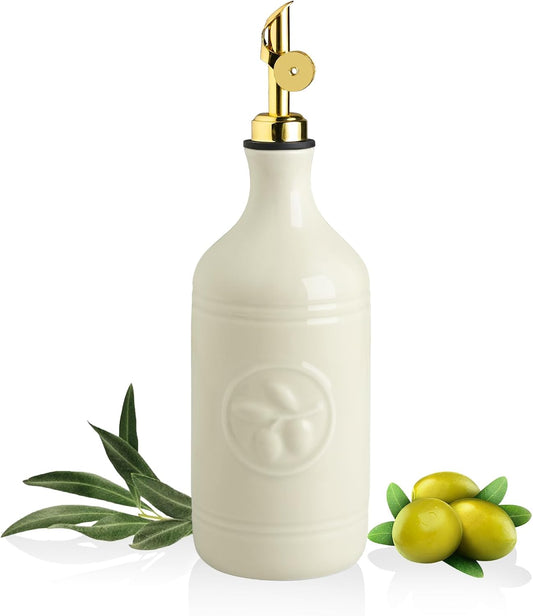 Sweejar 16 Oz Ceramic Olive Oil Dispenser Bottle, Oil Dispenser for Kitchen with Gravity Spout, Relief Opaque Oil Container for Evoo, Avocado Oil, Vinegar, Soy Sauce, 1 Pack(Beige, Gold Spout)