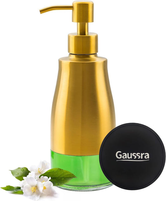 Soap Dispenser with Coaster and Stickers, Brushed Gold Stainless Steel Glass Hand Pump Dispenser, Anti Rust Bottle, for Kitchen & Bathroom Detergent Bottle，Refillable Hand Liquid Dispenser