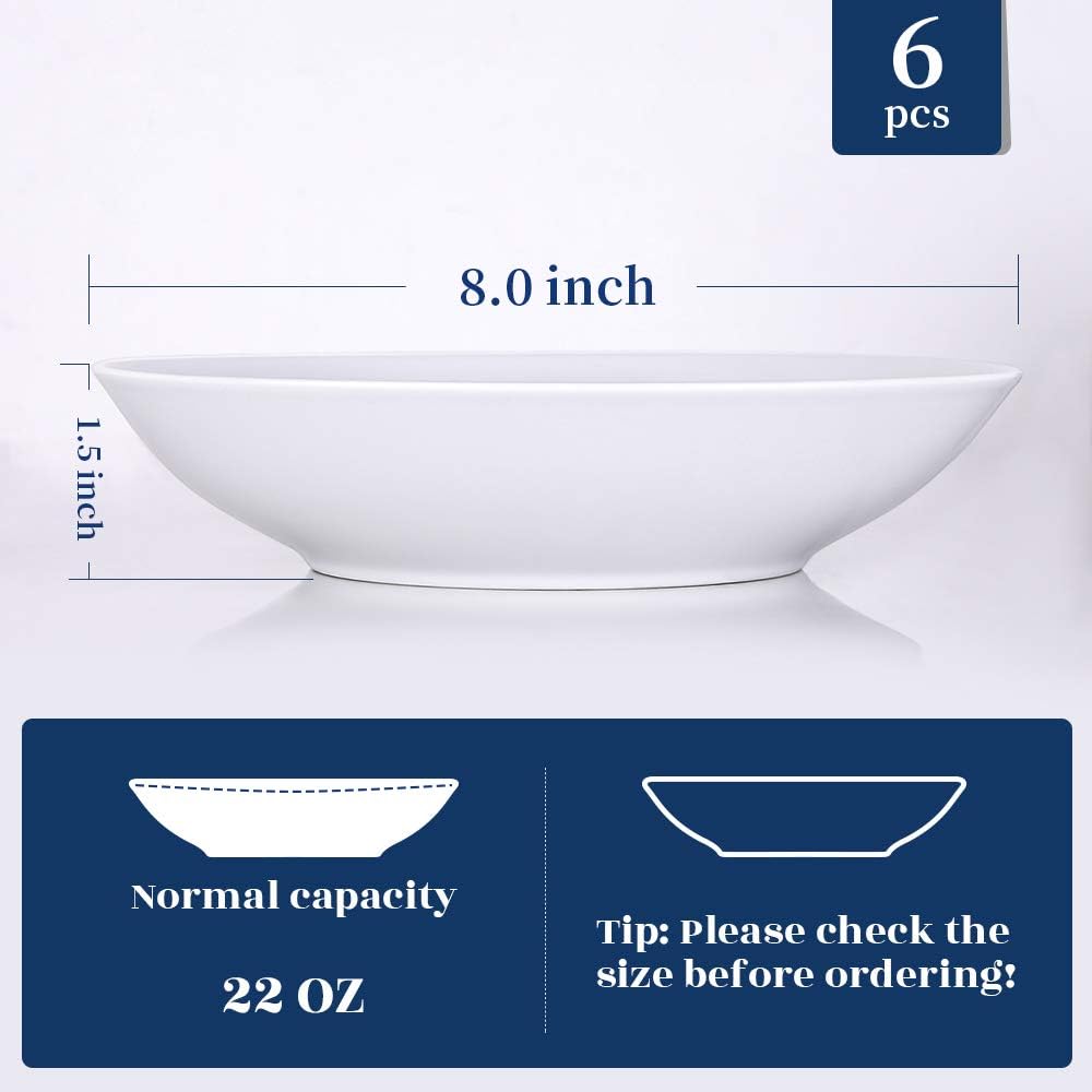 Y YHY 8" Pasta Bowls Set for 6, Porcelain 22oz Salad Bowls Set for Serving Soup, Pasta, Dinner, White Large Kitchen Bowl Plates, Microwave Dishwasher Safe