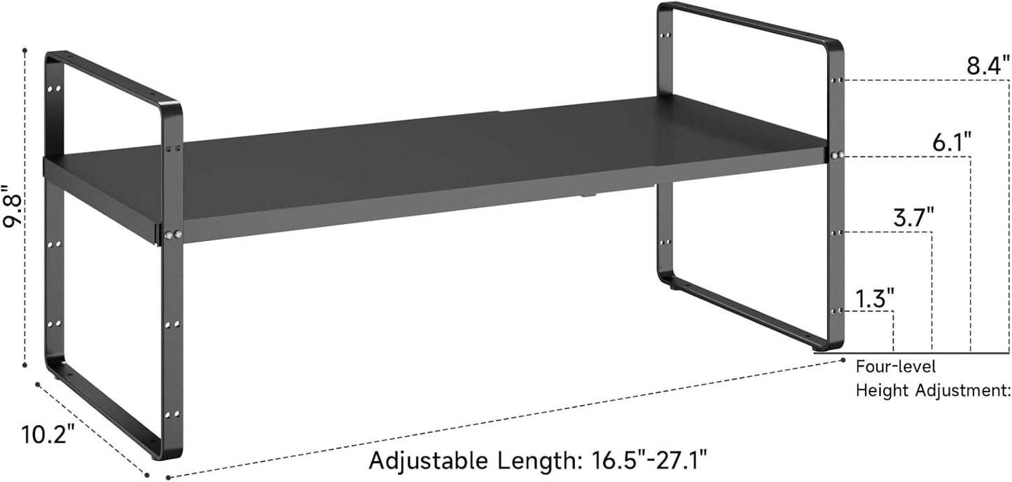 16.5~27.1" Expandable Shelf Organizer, 1Pack 10.2" Wide Stackable Cabinet Shelf Organizers, Black Metal Sturdy Kitchen Counter Storage for Countertop, Adjustable Height Spice Rack