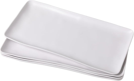 White Melamine Rectangular Serving Platter/Trays, Set of 4, 14” X 7” Fruit Cake Bread Sushi Plate for Party Serving Food, Lightweight and Unbreakable