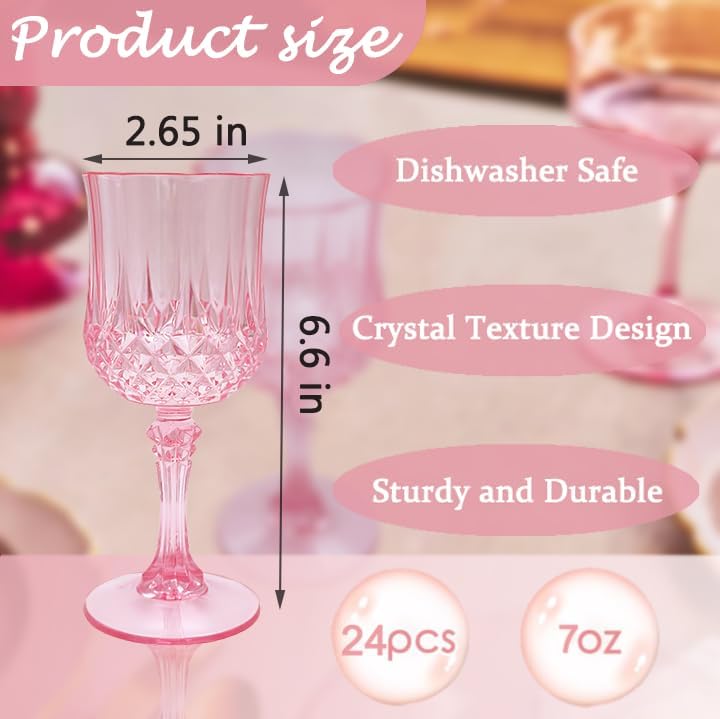 Plastic Wine Glasses，Plastic Goblets Vintage Style Cordial Drinking Glasses for Wedding Reception, Grand Event Party Supplies (24, Pink)