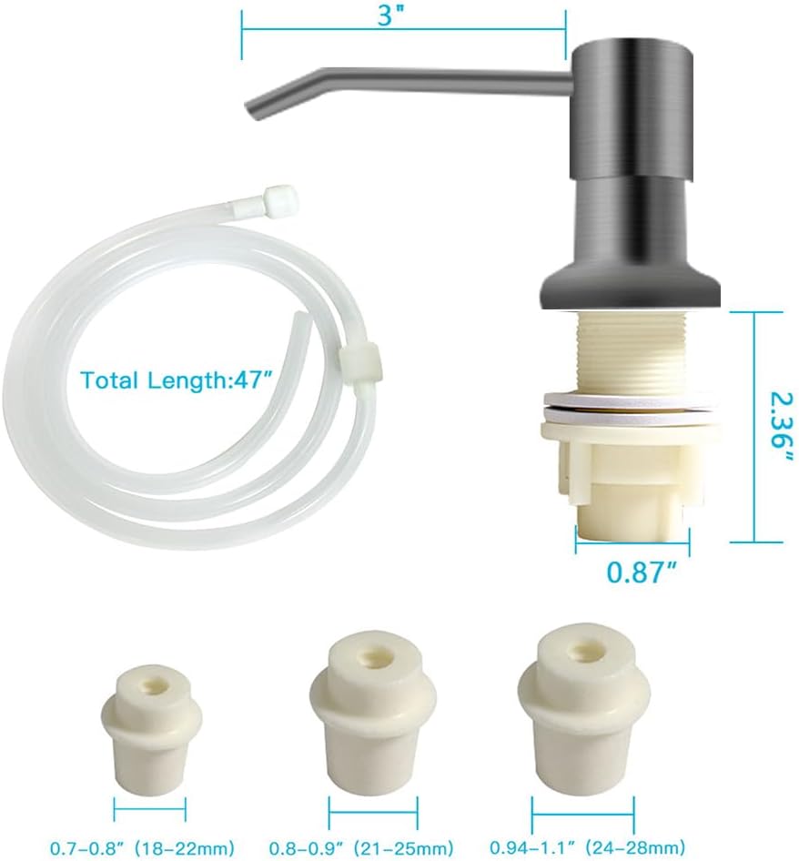 Dish Soap Dispenser for Kitchen Sink, Countertop Sink Soap Dispenser Water Pump with 47” No-Spill Extension Tube Kit Design for Kitchen Bathroom, No More Refills （Gray）