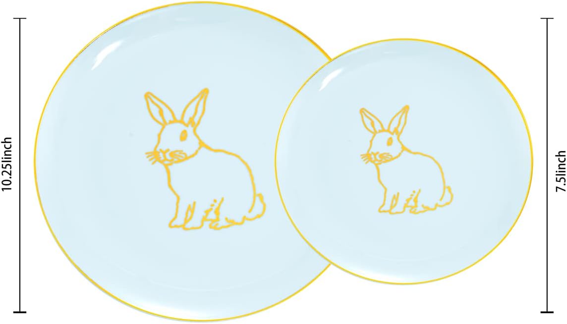 KIRE 60 Pieces Easter plates with Gold Bunny-Mint Green Plastic Plates include 30Pieces 10.25inch Dinner Bunny and 30Pieces 7.5inch Green Dessert/Salad Plates for Easter Day
