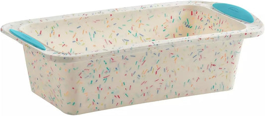 Trudeau Structure Silicone Loaf Pan with Steel Rim, 8.5 x 4.5, Nonstick Bakeware, White Confetti with Blue Base, BPA-Free, Oven Safe to 428°F, Dishwasher Safe