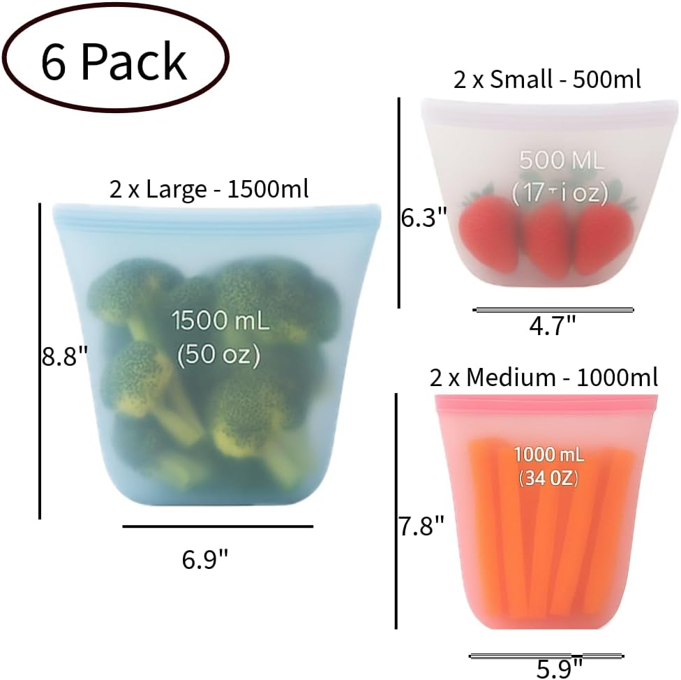 Silicone Food Storage Bags, Stand Up Zip Container Set for Soup, Sandwich, Leftovers, Microwave Safe, BPA Free, AR3T Home Essentials (Multi Color 6 pack)