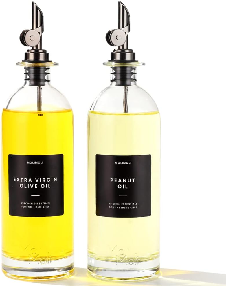 Molimoli Oil and Vinegar Dispenser with Metal Pour Spout, Weighted Pourer, Glass Bottle Dispenser for Kitchen, Olive Oil Cruet, Glass Olive Oil Bottle | 500ml, Set of 2