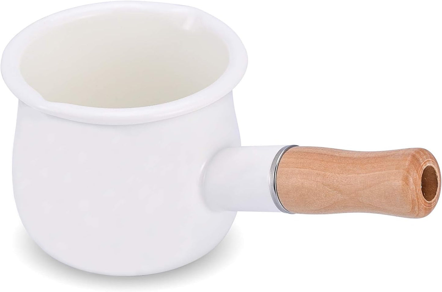 Enamel Milk Pot, Small Saucepan Milk Pot Butter Warmer 4 Inch 17 Oz Enamel Small Sauce Pan with Wooden Handle, Perfect Size for Heating Smaller Liquid Portions. (White）