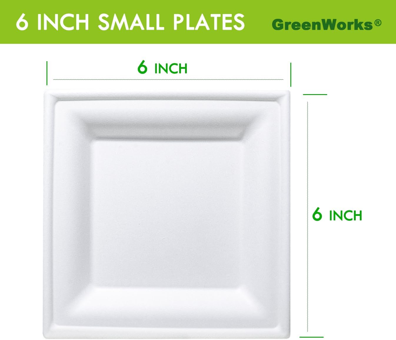 GreenWorks 100 Count 6 Inch Small Square Compostable plates, Heavy Duty Bagasse and Bamboo Fiber Plates