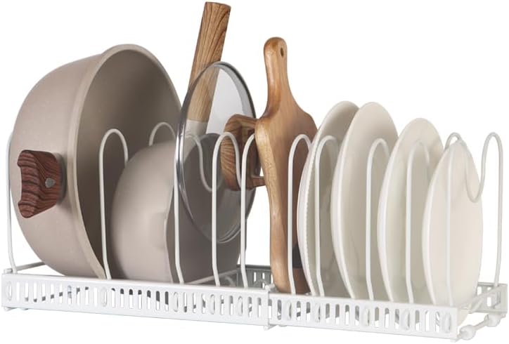 Expandable Pots and Pans Organizer Rack, Pot Lid Kitchen Cabinet Organizer Holder with 10 Adjustable Compartment, Cookware Rack for Kitchen Cabinet Storage, White