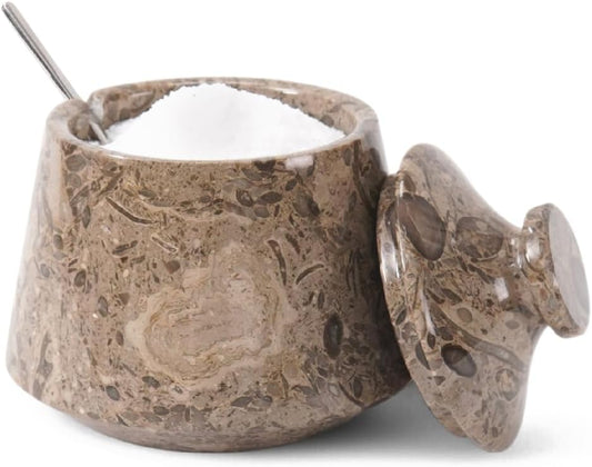 Marble Salt Cellar With Lid & Spoon Oceanic 4" Seasoning & Spice Jar Salt Container - Coffee Candy Holder For Kitchen Counter