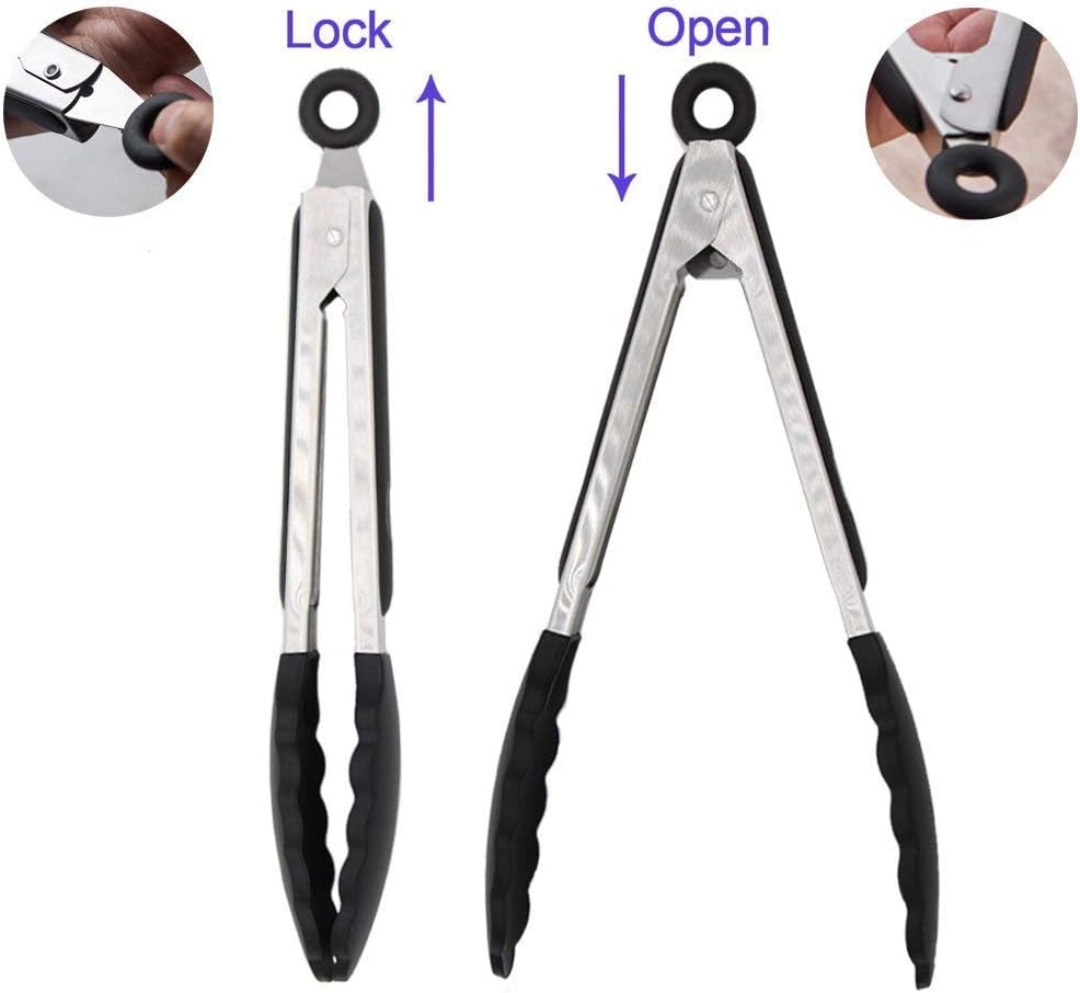 4 Pack Black Kitchen Tongs, Premium Silicone BPA Free Non-Stick Stainless Steel BBQ Cooking Grilling Locking Food Tongs, 9-Inch & 12-Inch