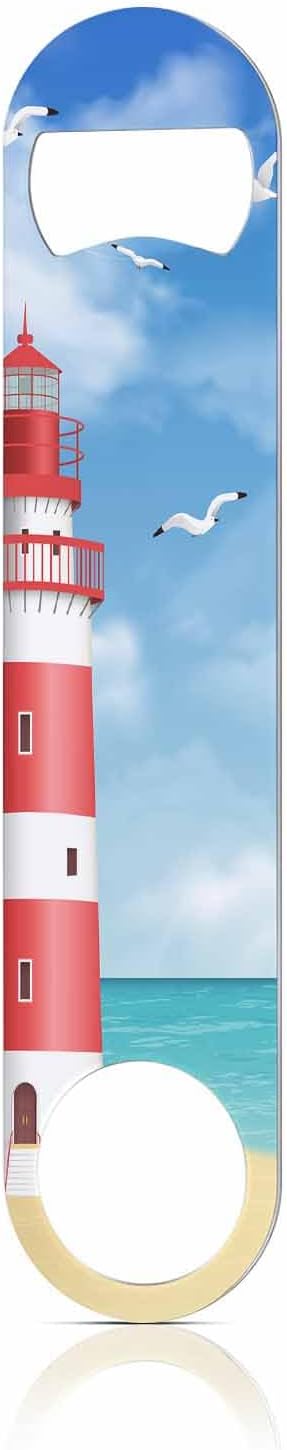 Lighthouse Stainless Steel Bottle Opener Cartoon Beach Seagull Realistic Tower Sky Sea Cloud Beautiful Scenery Flat Beer Bottle Opener Keychain for Home Kitchen Bar Restaurant Party Gift