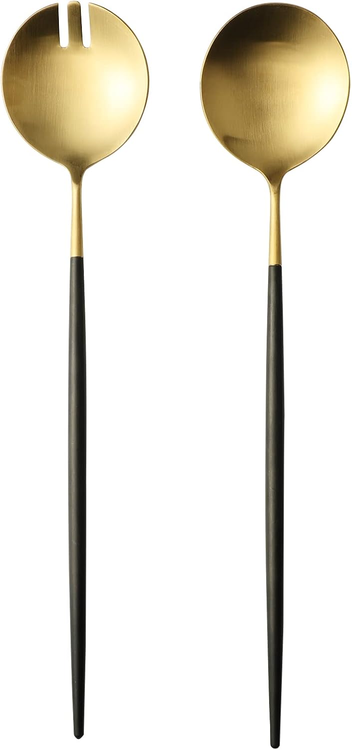 Salad Servers,Spoon and Fork Set 11.41 inch,18/10 Stainless Steel Salad Serving Titanium Plating (black gold)