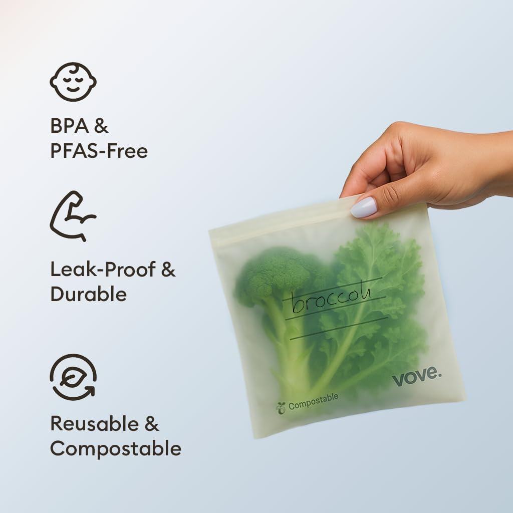 Vove Compostable Storage Bag Bundle, 140 Count Multi-Size S/M/L/XL – Freezer Safe, Resealable, Non Toxic Bags for Food, Meal Prep & Snacks, Plastic-Free Eco Bags