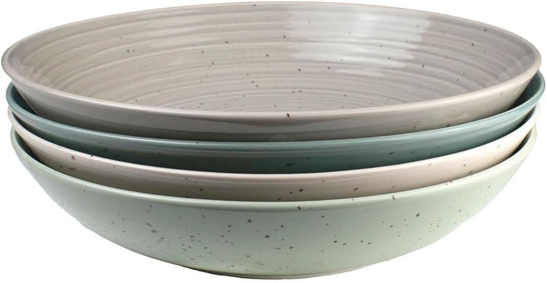 Sango Siterra Artist's Blend Stoneware Pasta Bowls (Set of 4) Multi Assorted Colors– Featuring Soft Gray, Blue, Green, and Ivory, for Everyday Dining & Entertainment, Microwave & Dishwasher Safe
