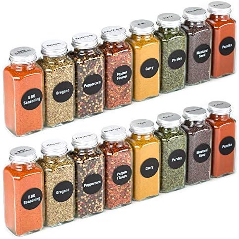 8 Extra Large, 8oz, BEST VALUE, Glass Spice Jars with 113 PVC Clear, plus 126 pre-printed Spice Chalkboard Labels. 8 Square Empty Jars, Airtight Cap, Pour/Sift Shakers