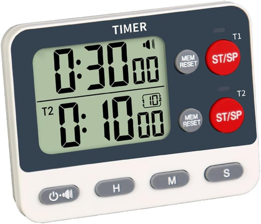 Digital Dual Kitchen Timer, 2 Groups Cycle Countdown Timer, ON/Off Memory Function, Loud Volume Flashing Light Alarm with Magnetic Back, Stand, Battery Included